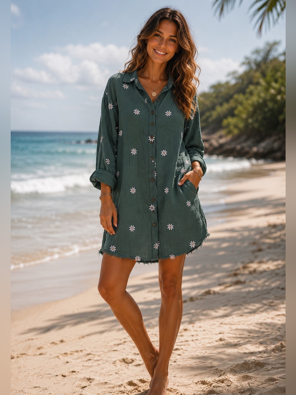 Blue Velvet Daisy Embroidered Green Button-Front Dress